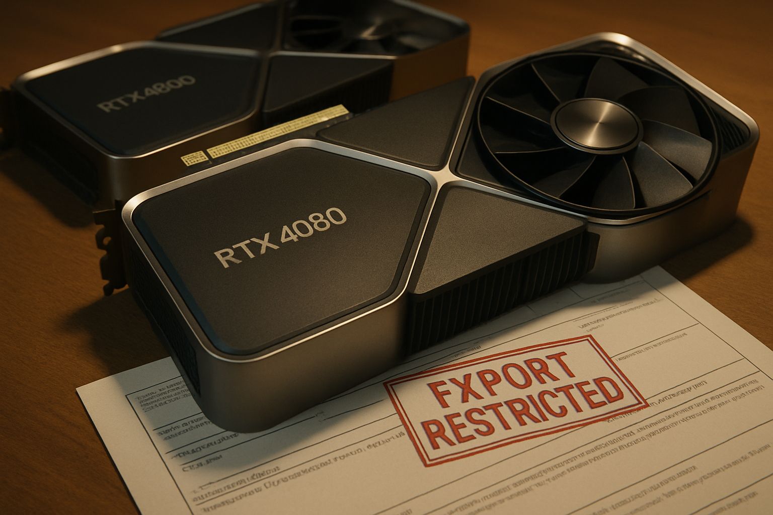 Export Controls restrictions on Nvidia GPU hardware shown with paperwork