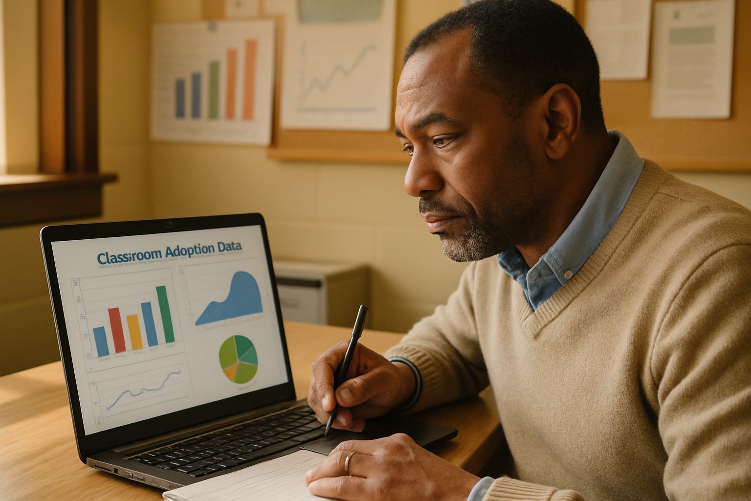 AI Educator analyzing classroom adoption data on a laptop for practical implementation.