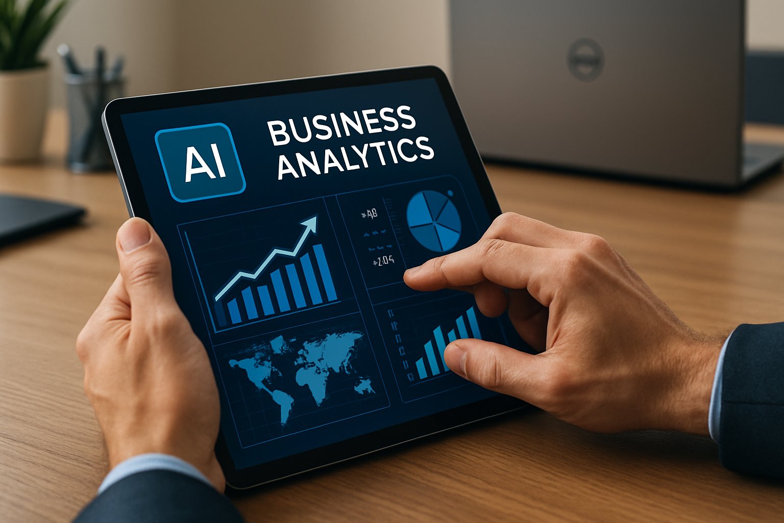 AI Chief AI Officer analyzing business analytics and ROI growth charts.