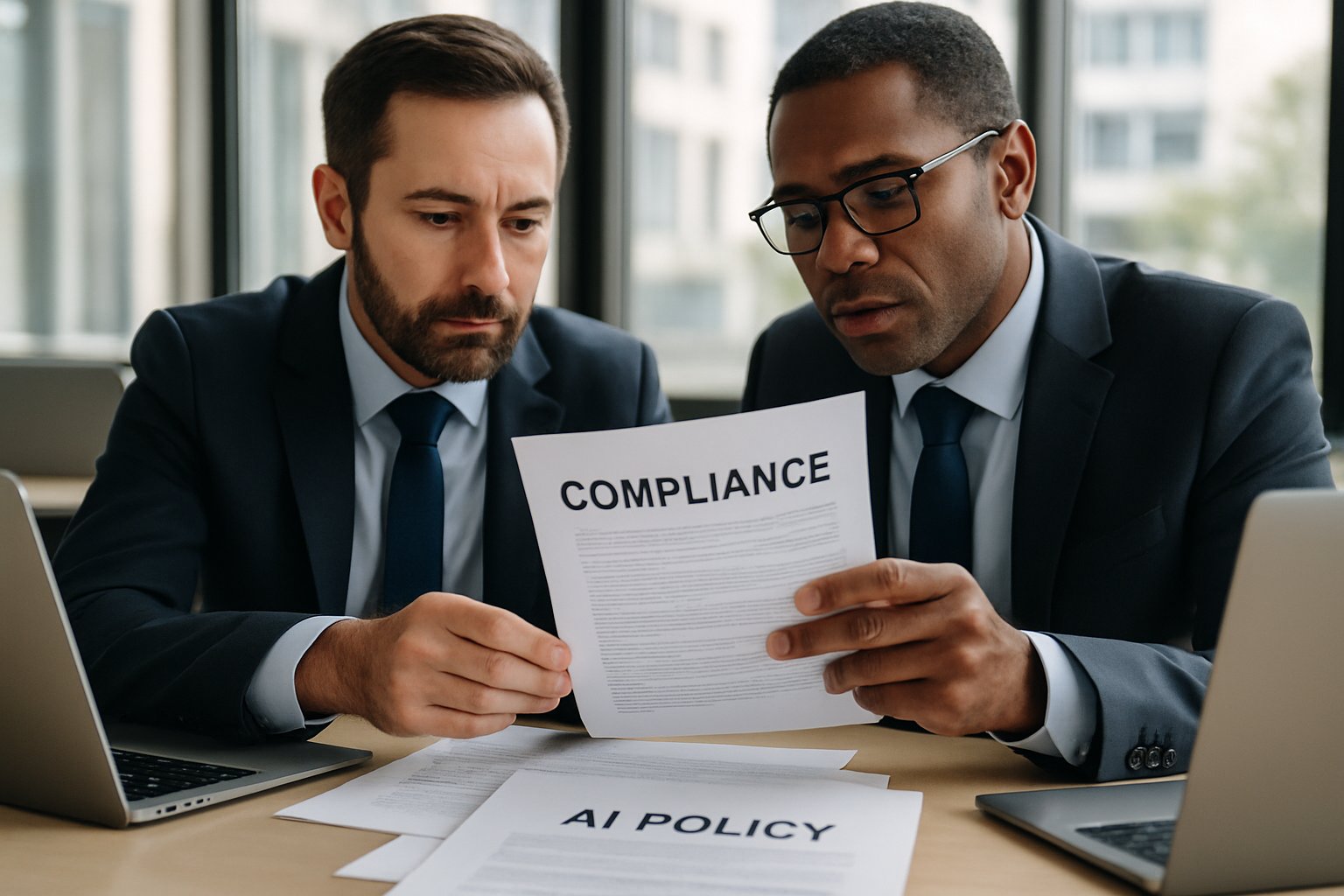 Professionals reviewing AI Academic Integrity policies at office