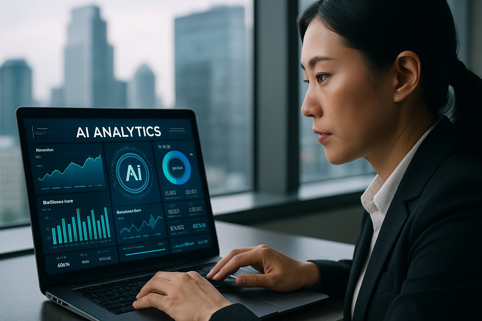 Businesswoman reviews AI Marketing analytics for global PR strategy