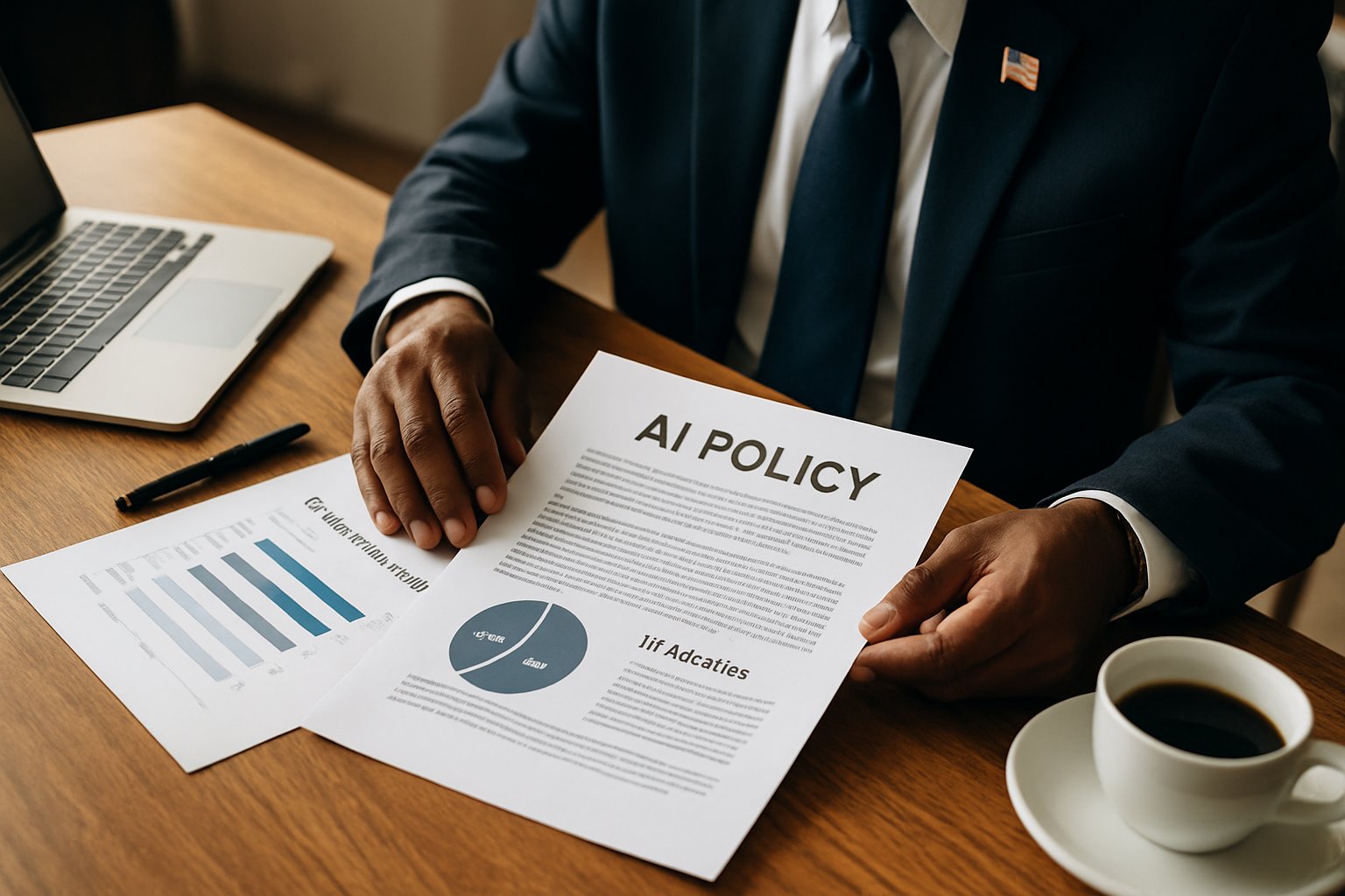 Official reviewing AI Policy documents with compliance timelines and governance notes.