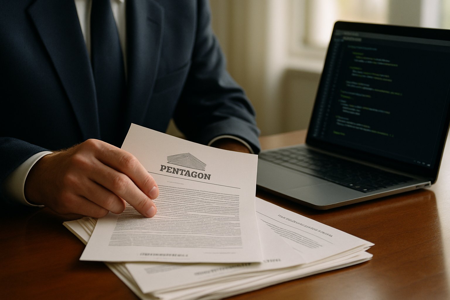 Pentagon official reviews Military AI safeguard documents in office.