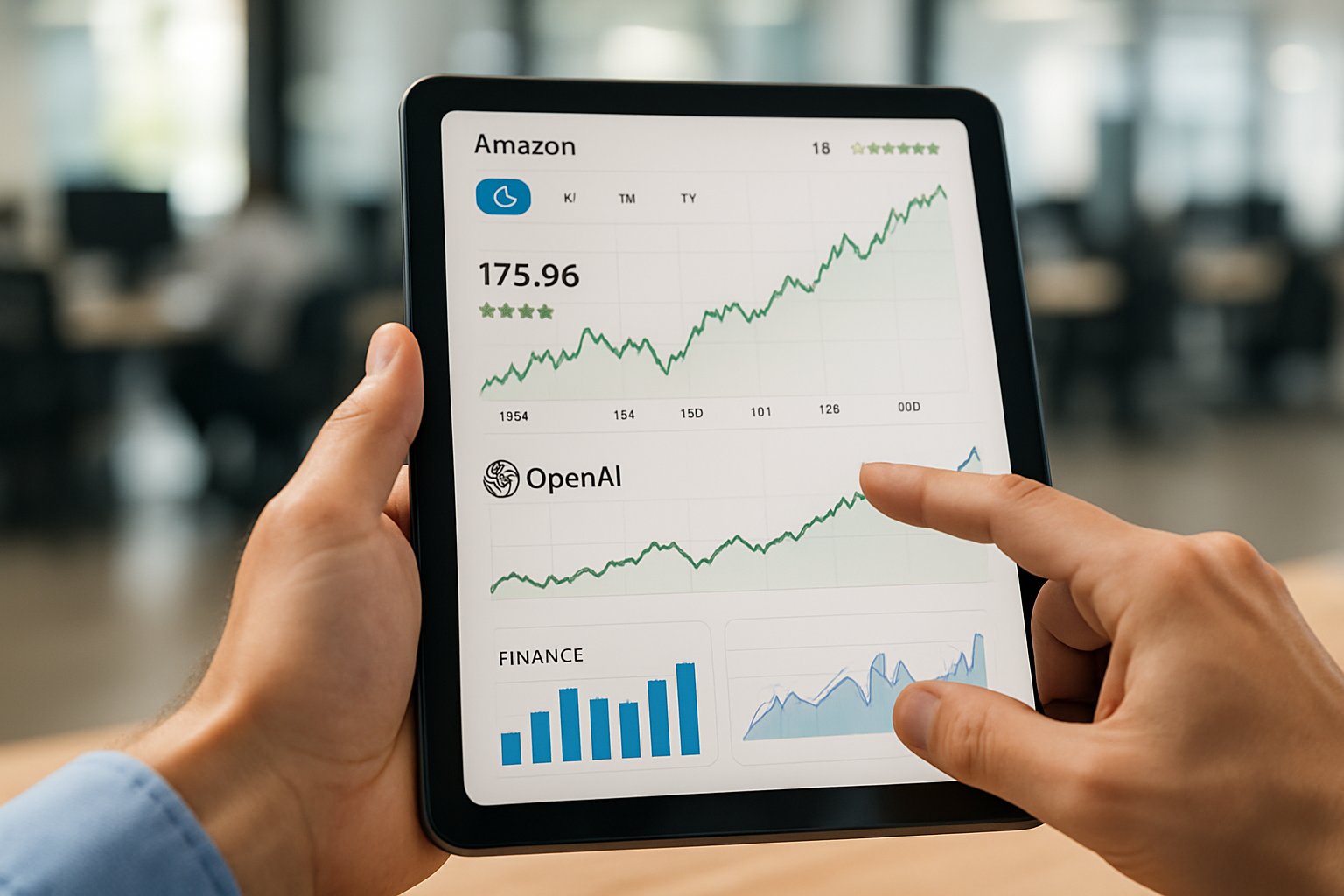 Hands reviewing finance charts on tablet about Amazon and OpenAI stock performance.