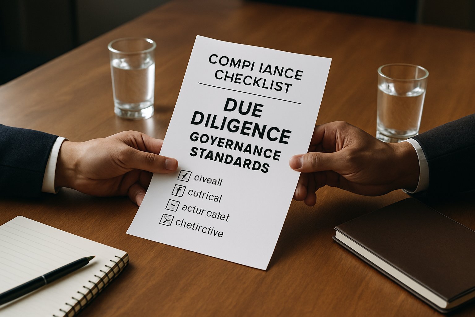 Team reviewing compliance checklist for Due Diligence Governance Standards at table.