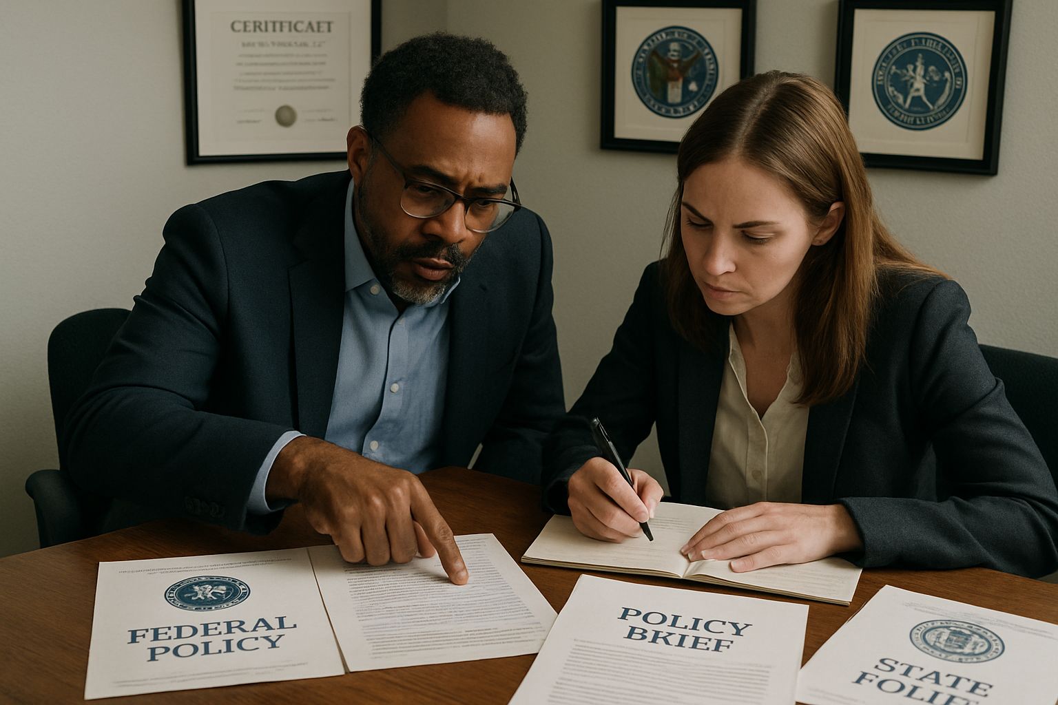 Policy Conflict shown by professionals analyzing conflicting state and federal policy documents.