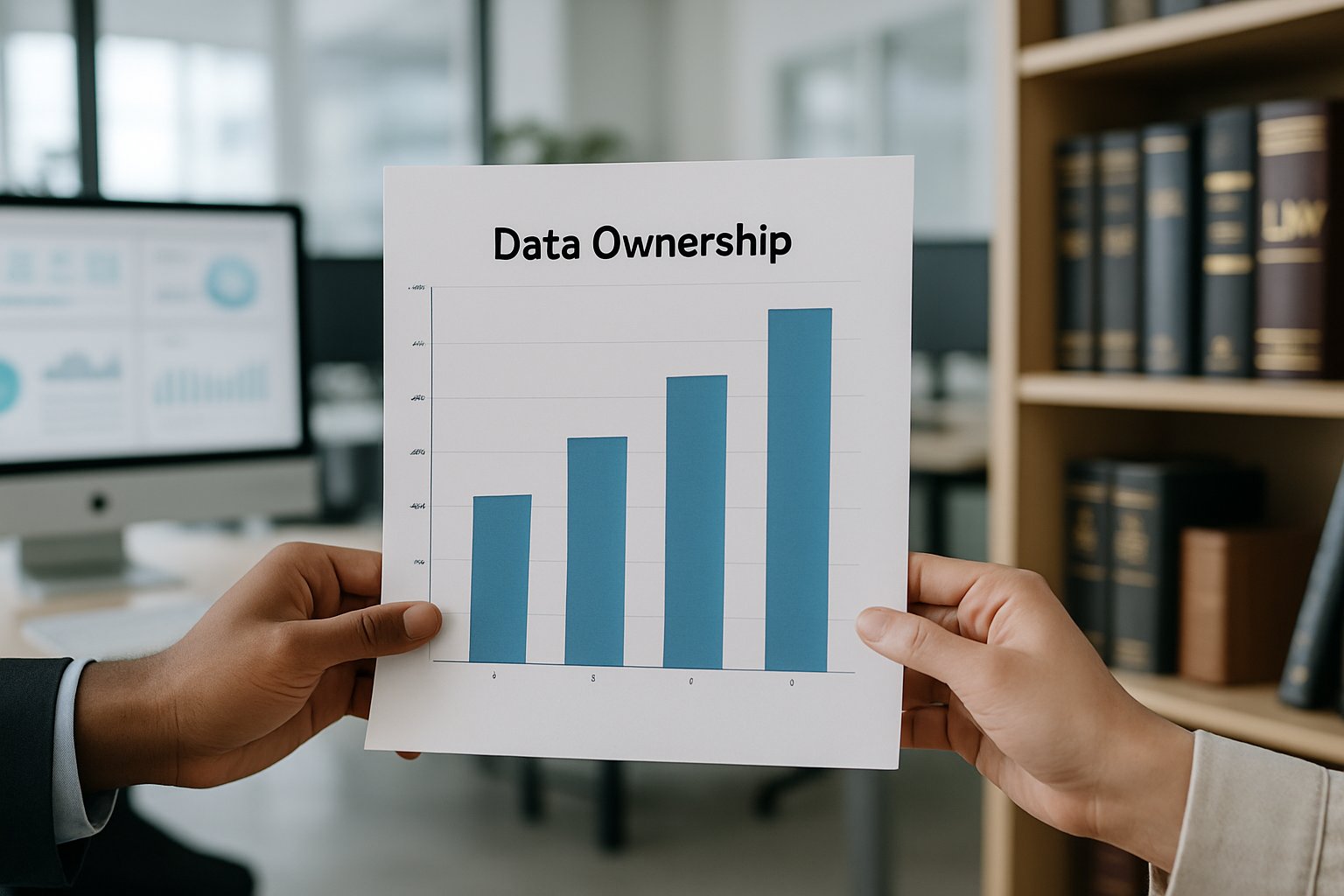 Close-up of professionals reviewing Data Ownership report in office setting.