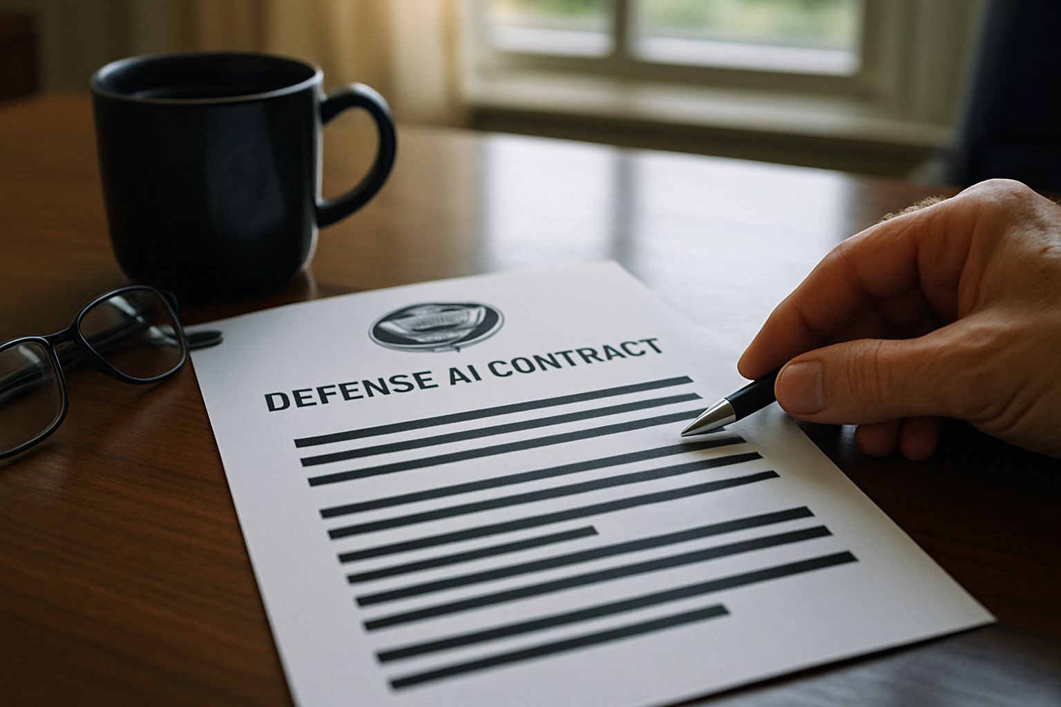 Realistic Pentagon Defense AI contract document review scene