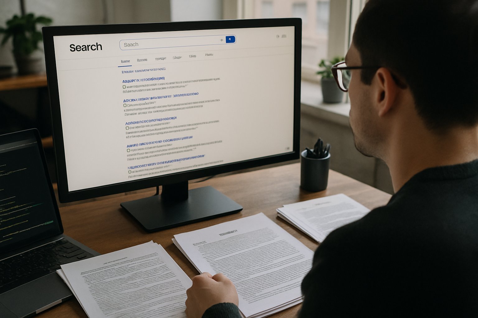 Person reviews Scraped Data Defense and search results on computer screen.
