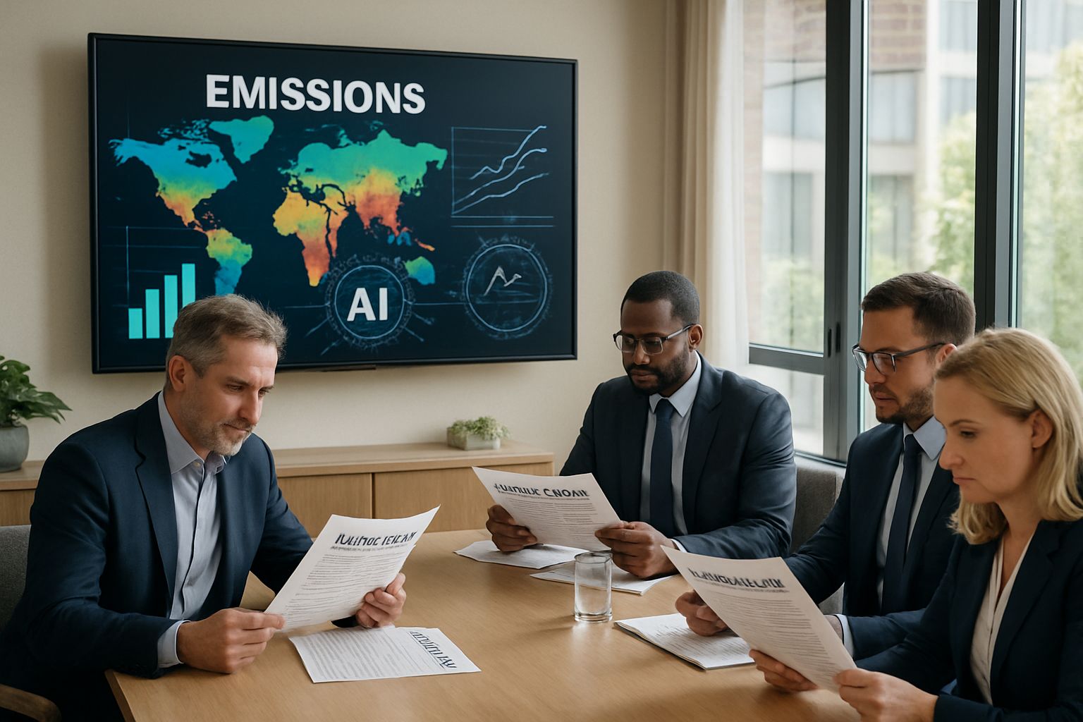 Executives review climate disclosures to prevent Greenwashing in tech companies.