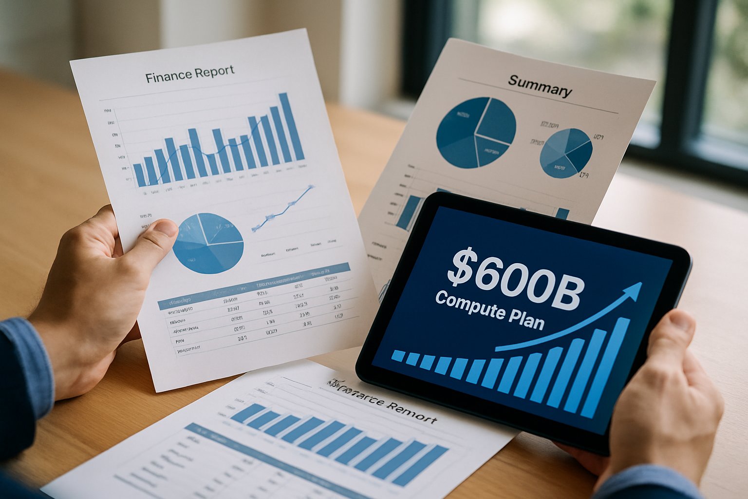 Hands reviewing fiscal scaling reports and $600B compute plan