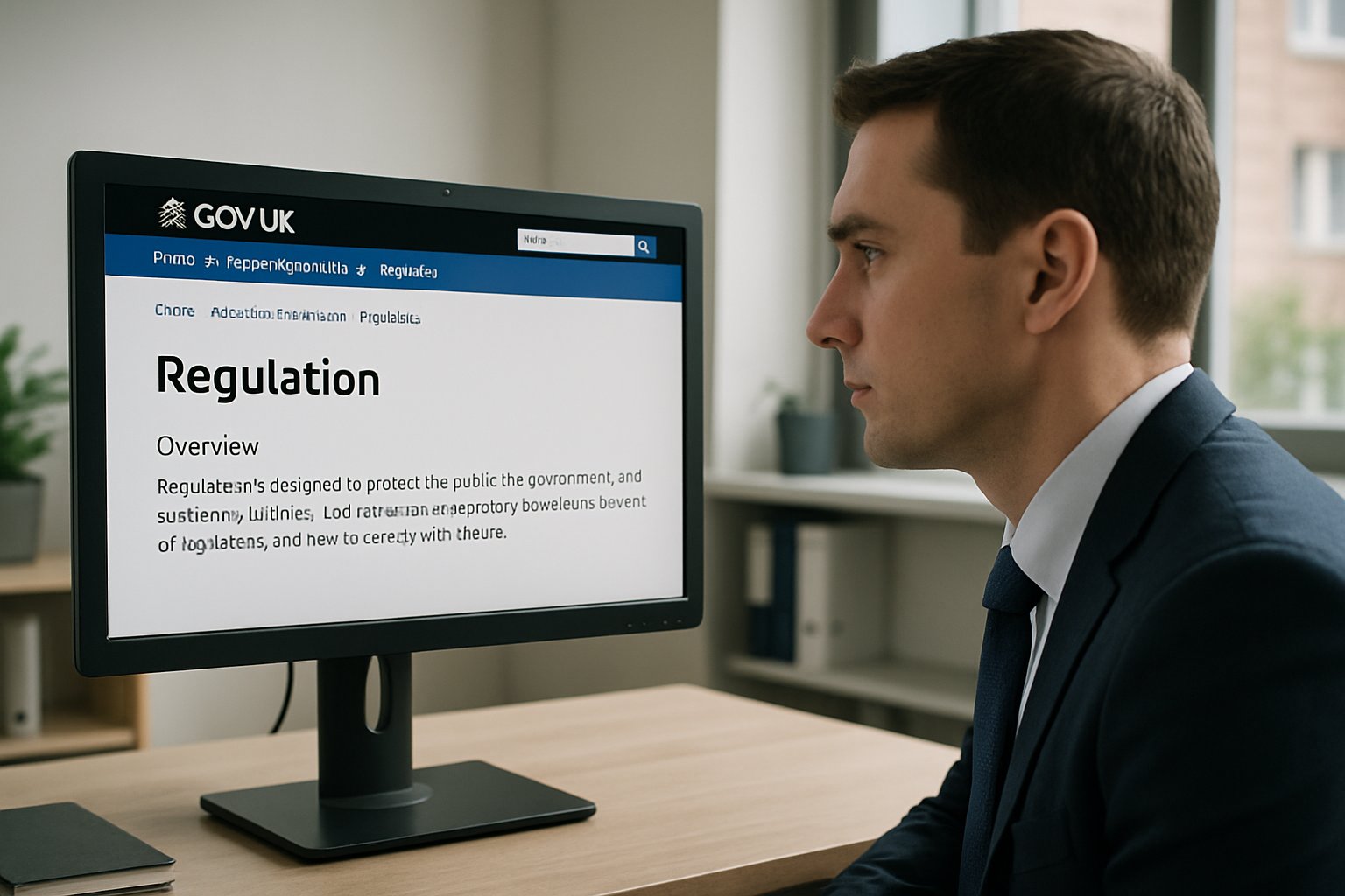 Legal professional researching Regulation rules online on a modern UK office computer.