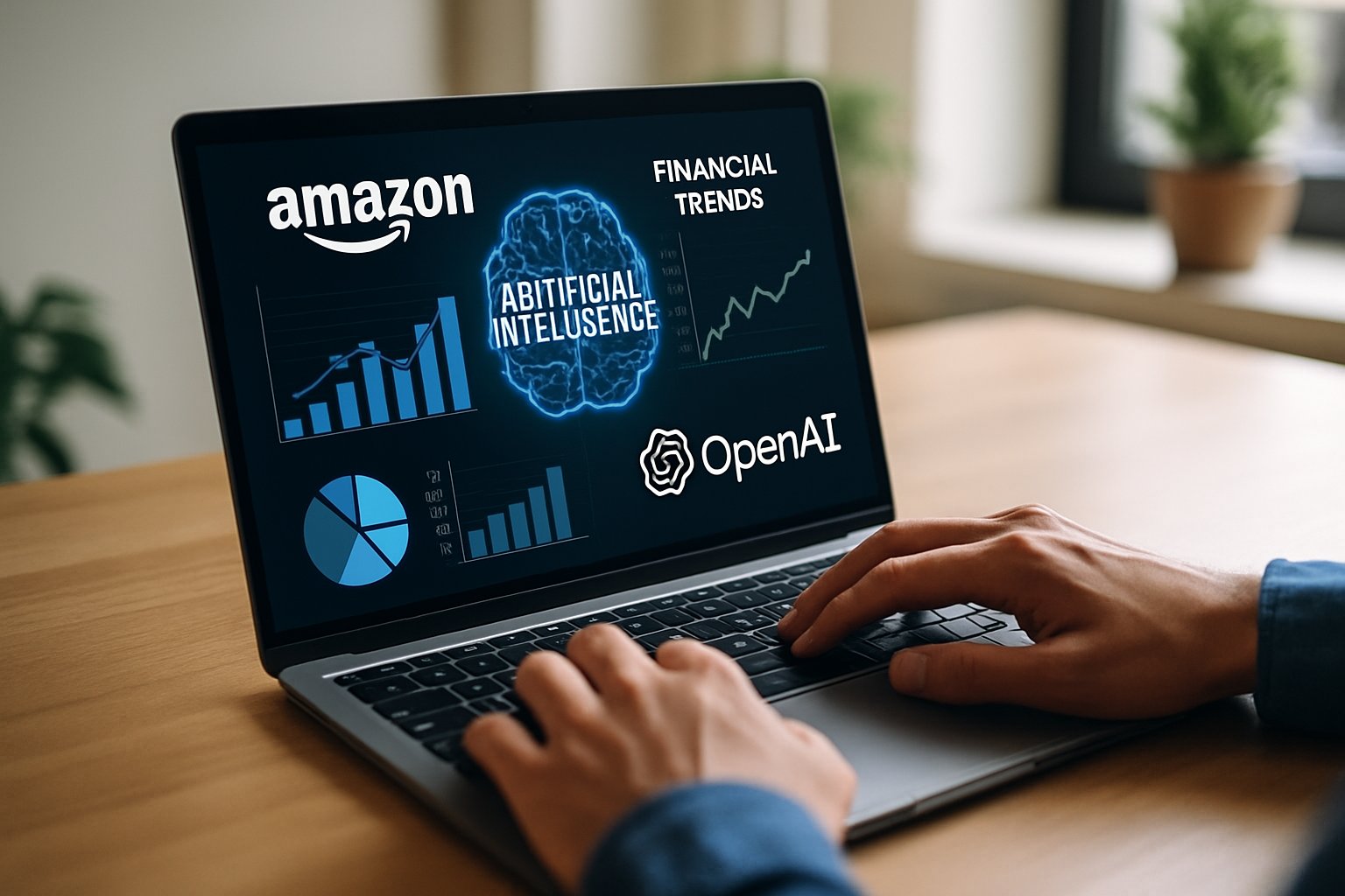 Person reviews OpenAI investment data on laptop for Amazon deal
