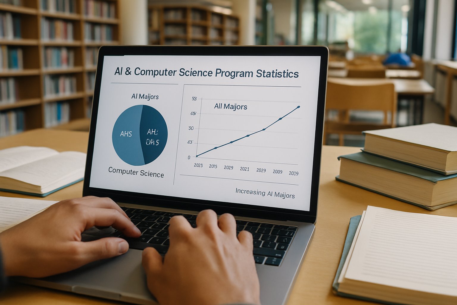 Hands reviewing Enrollment Pivot data on AI and CS programs in university library.