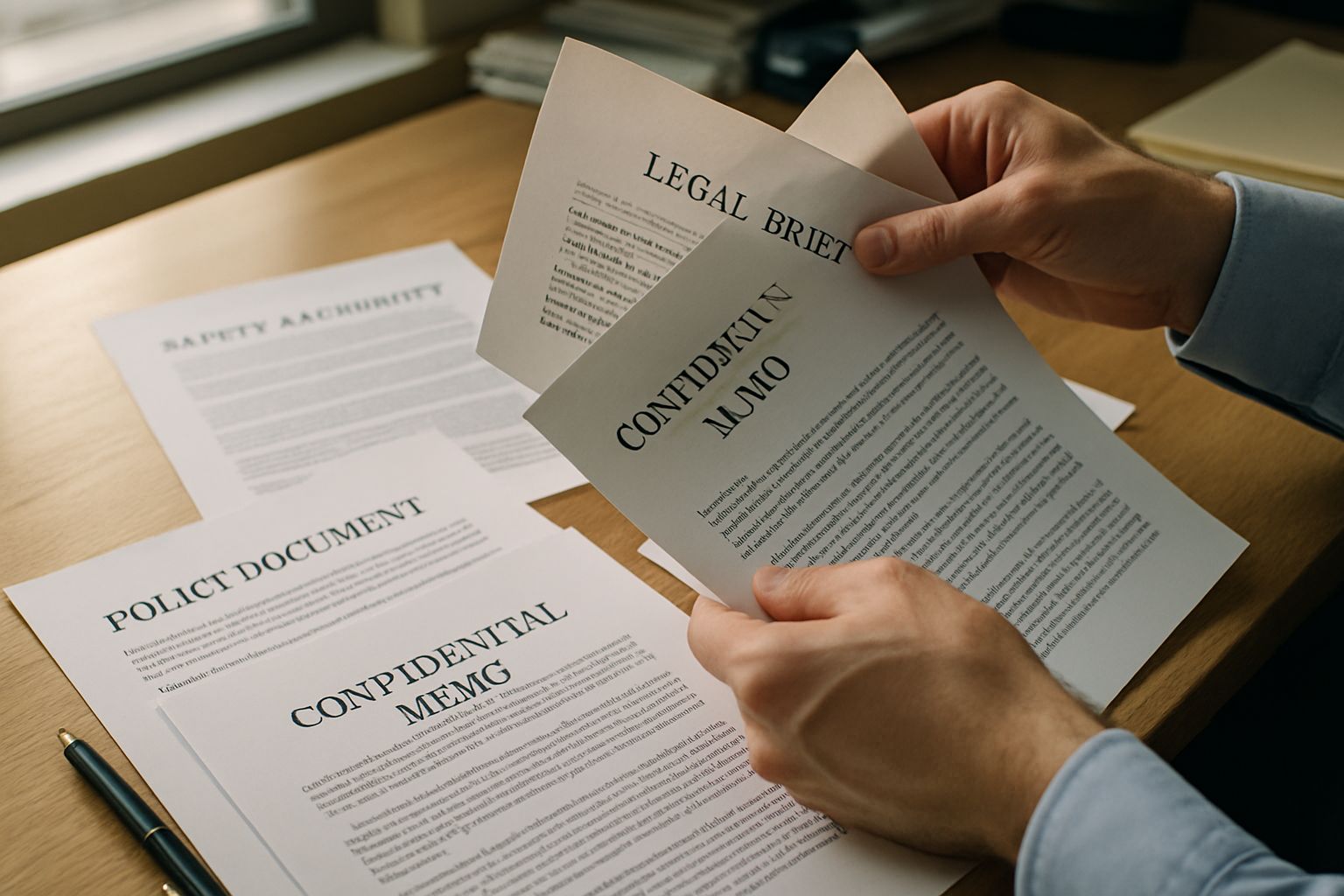 Hands reviewing policy documents related to Safety Alignment and AI guardrails.