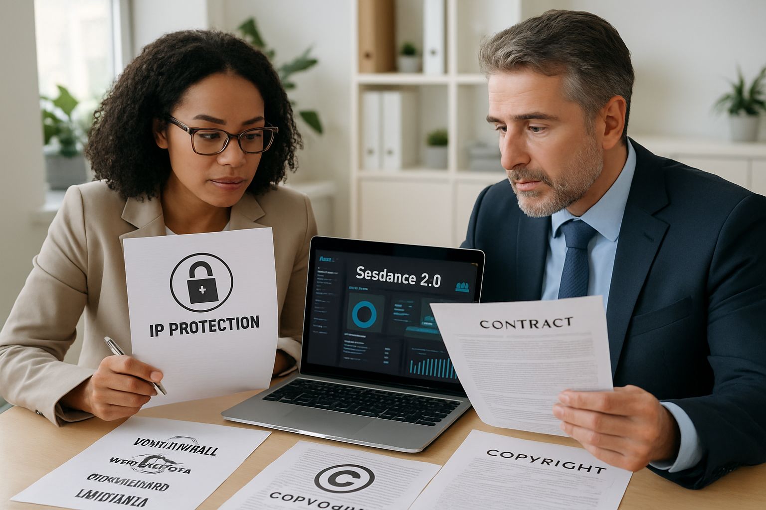 Executives review Seedance 2.0 API and Hollywood IP documents in modern office.