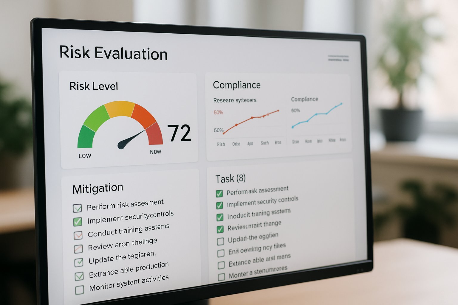 Risk Evaluation dashboard with metrics and mitigation checklists on office screen.