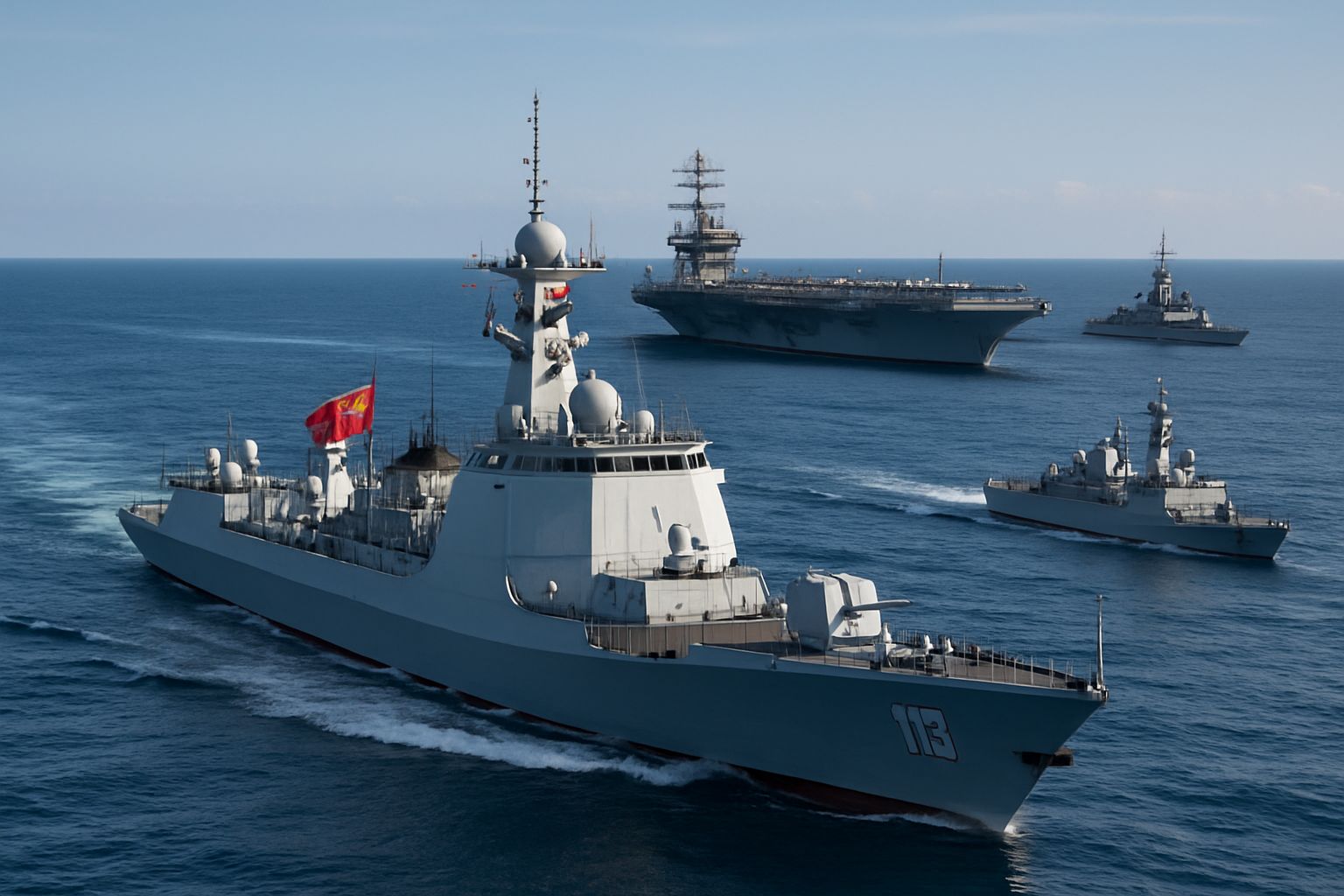 Modern naval ships demonstrate Maritime Competition on open sea.