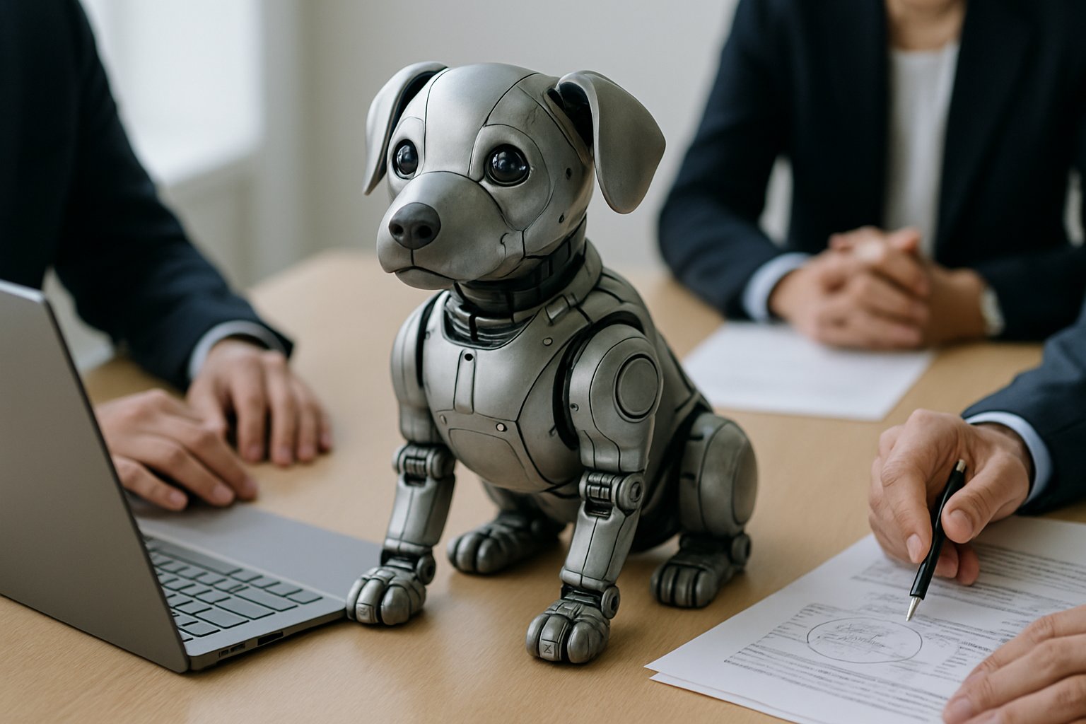 Robot dog prototype at conference table illustrating AI Ethics concerns.