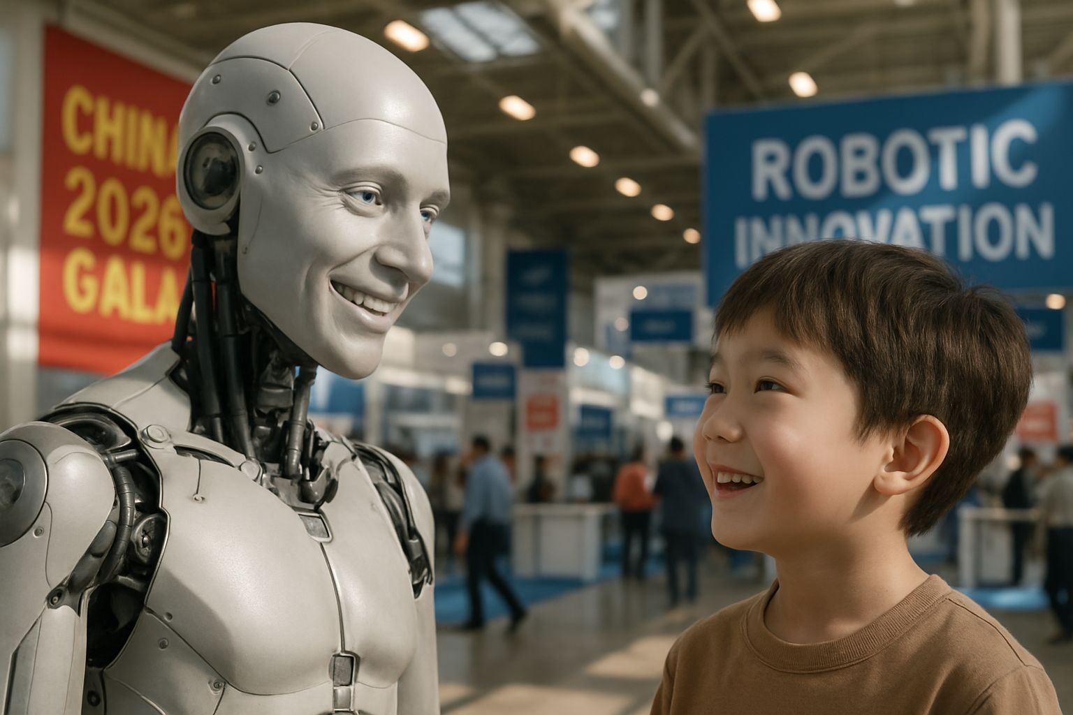Humanoid Robotics interacting with children at China 2026 technology exhibition.