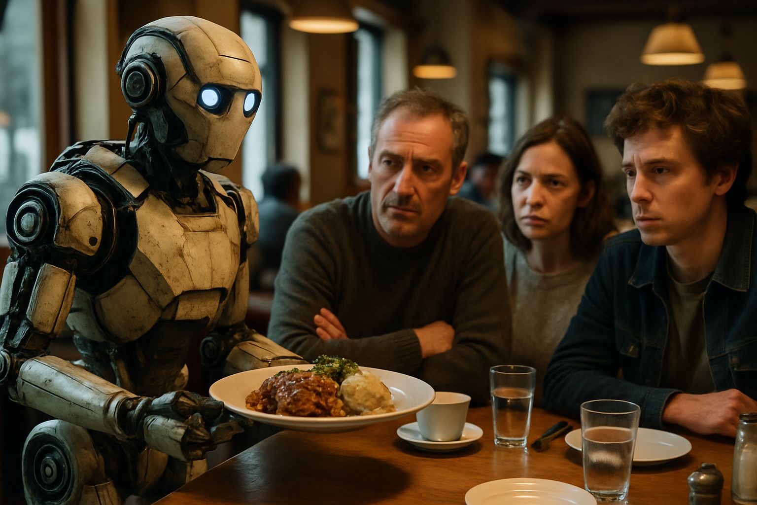 Robot server in real-world restaurant demonstrating AI Robotics innovation.