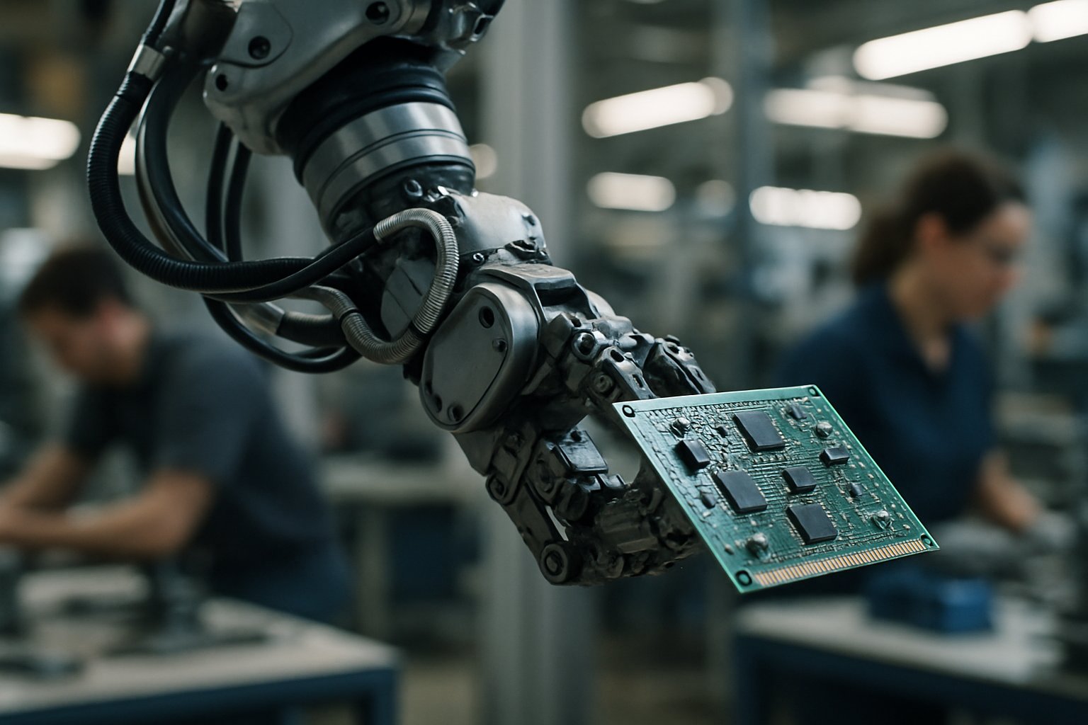 Robotics supply chain assembly with robot and technicians in factory.