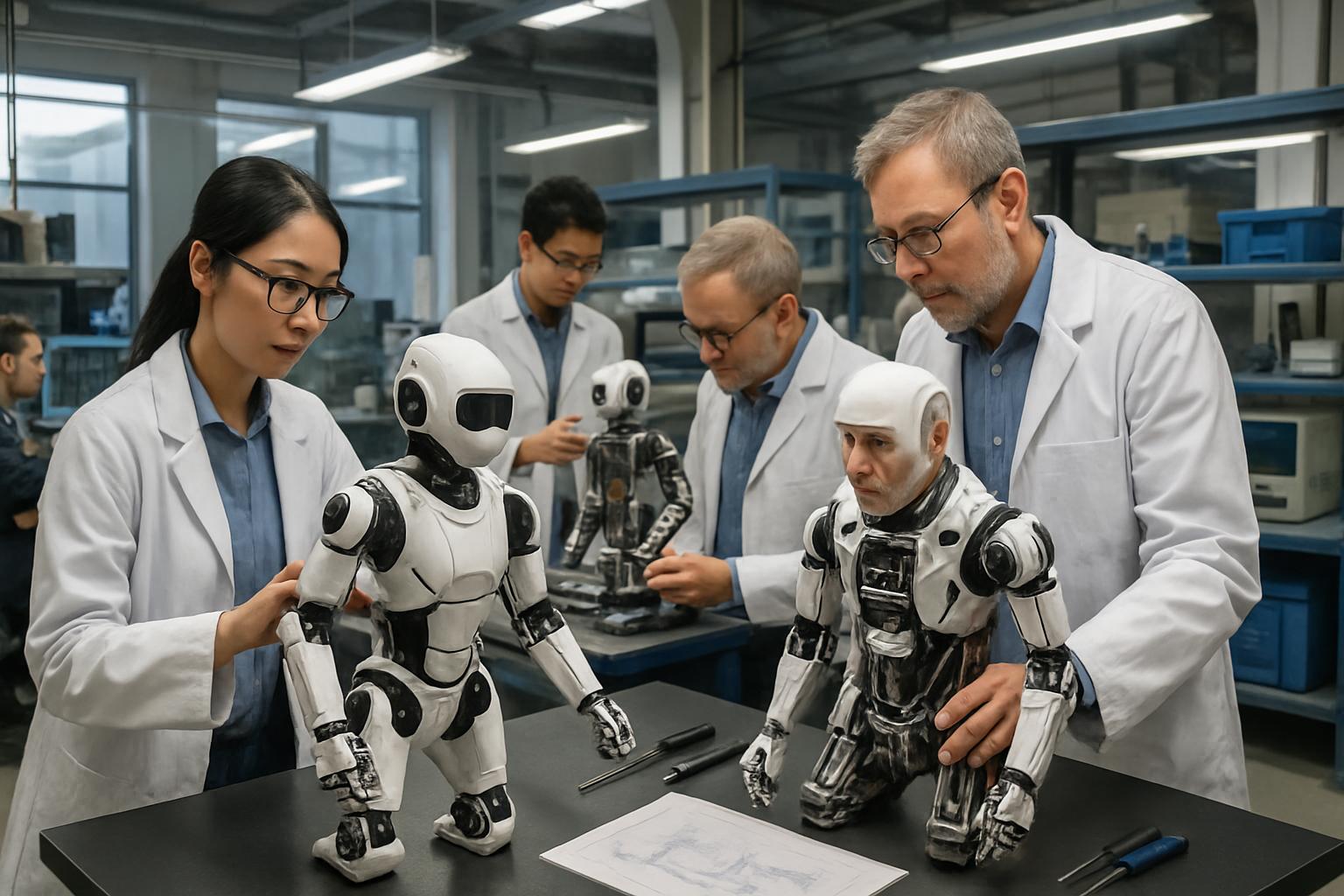 Engineers assembling Unitree G1 robots in robotics market production lab.