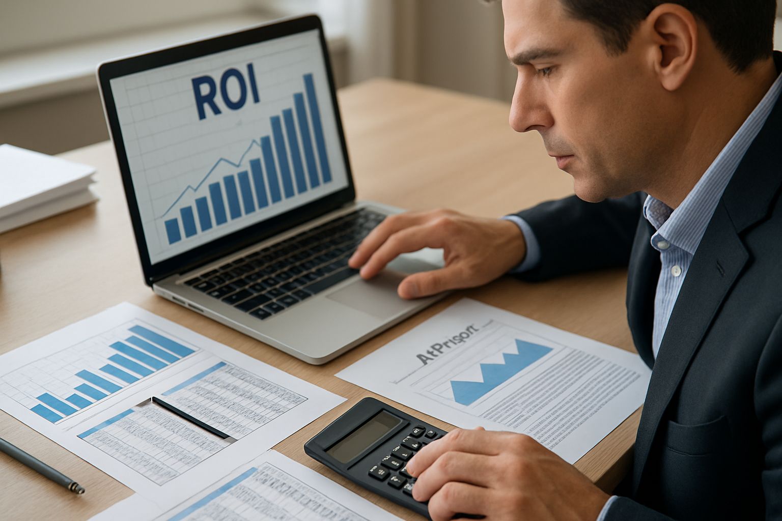 Corporate ROI analyst reviewing AI investment data at office desk.
