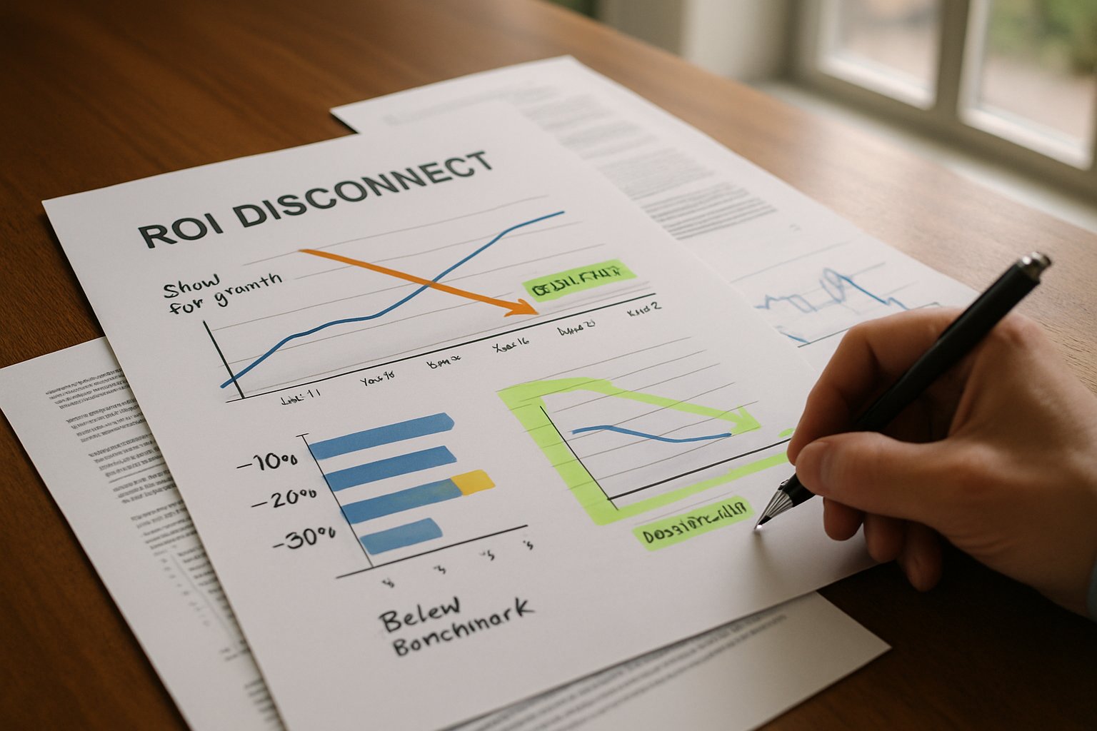 ROI Disconnect charts and notes on professional meeting table.