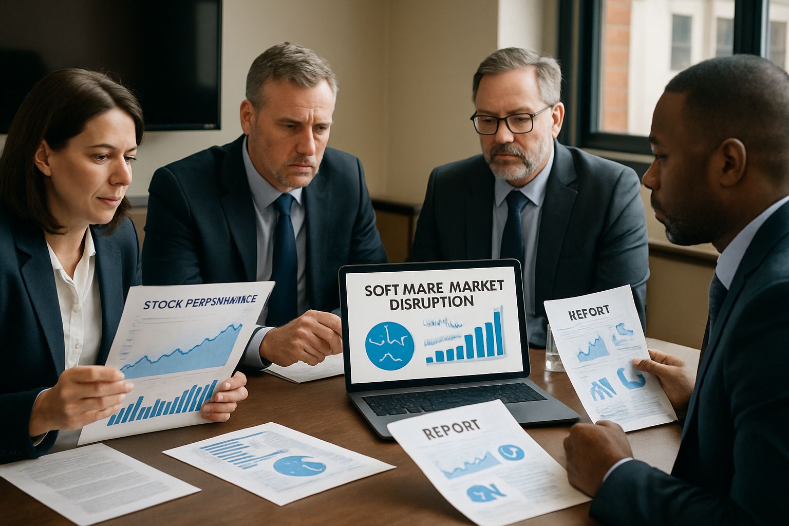 Market AI Disruption reviewed by SaaS executives in meeting room