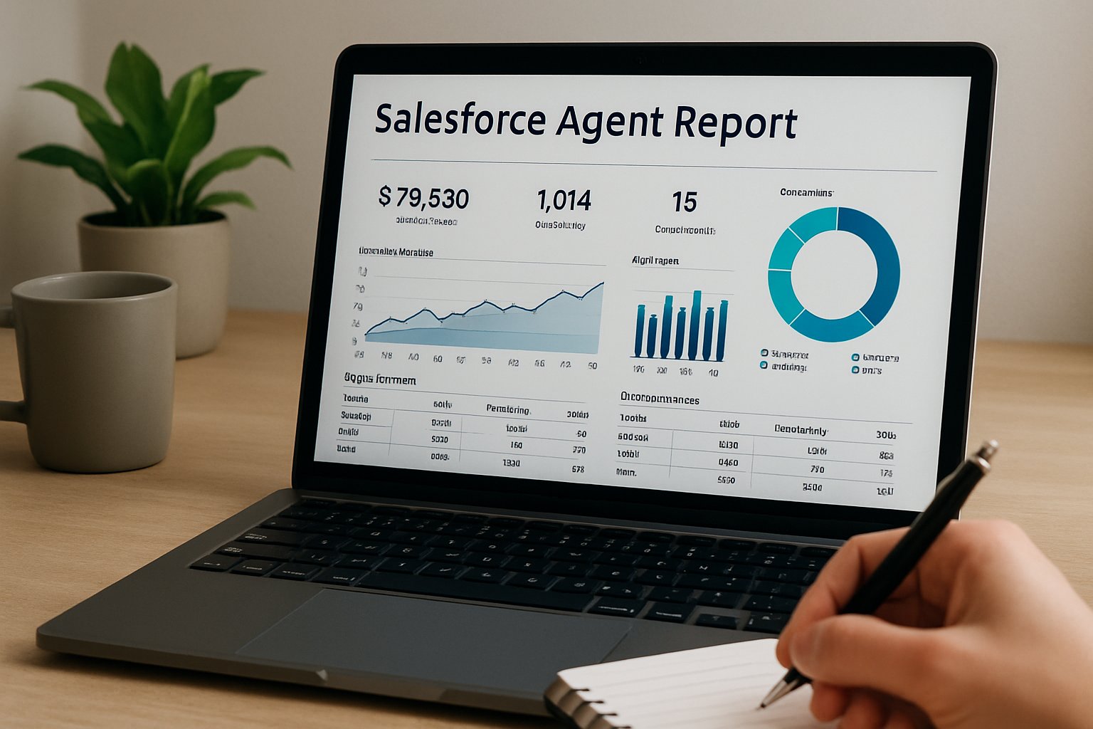 Analyzing Salesforce Agent Report on laptop with real-time note-taking.