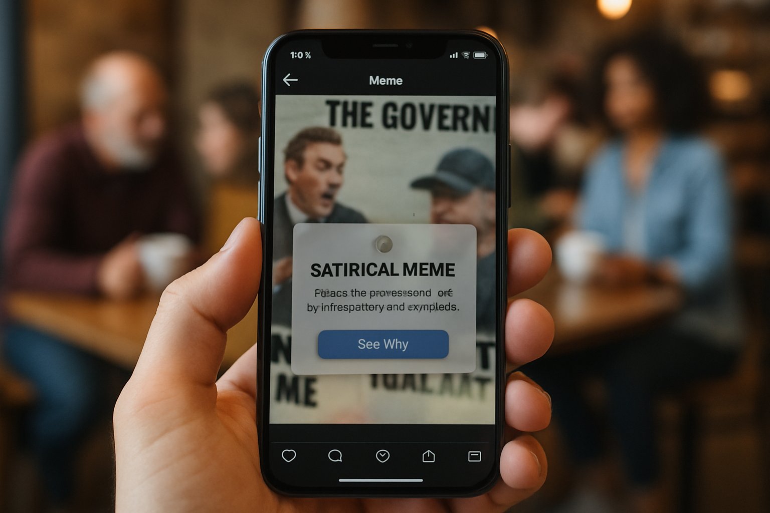 Phone displaying satirical post with Free Speech warning label by AI.