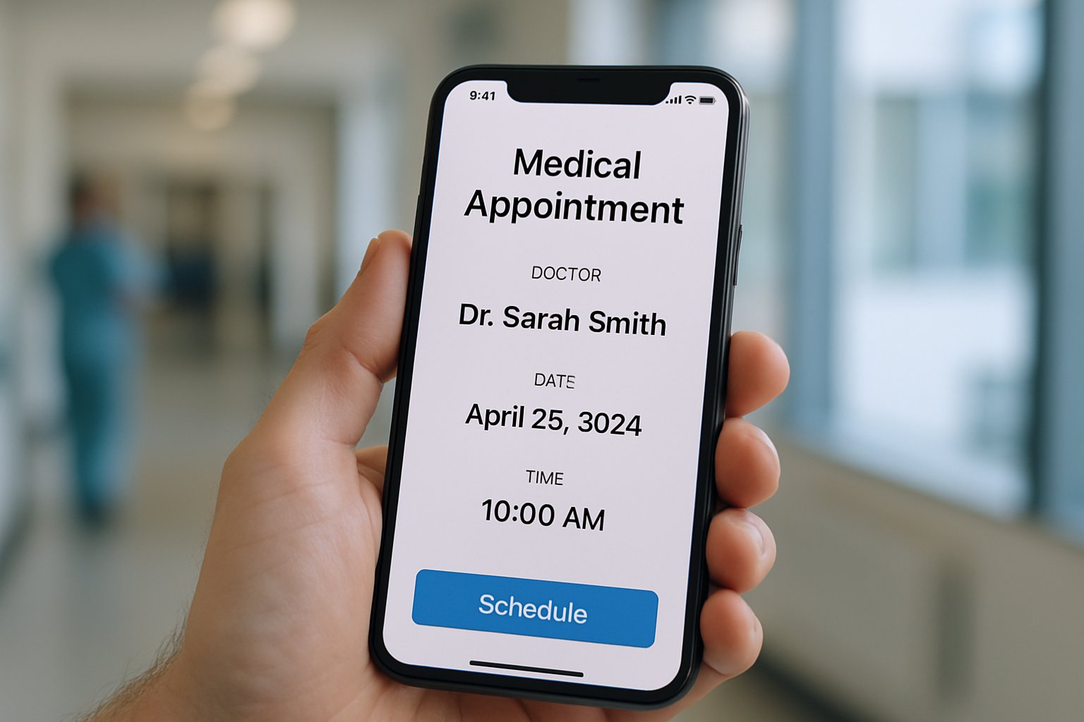 AI Healthcare scheduling app on a smartphone in a real hospital setting.