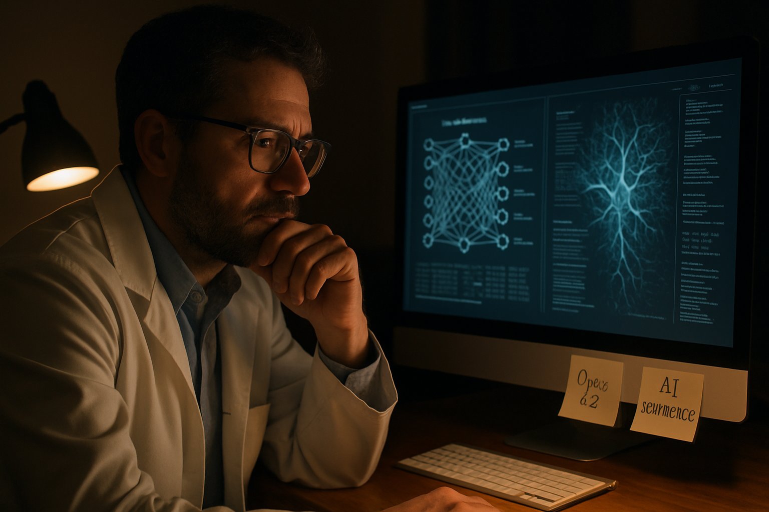 Scientist analyzing data related to AI Sentience and Opus 4.6 at a dimly lit desk.