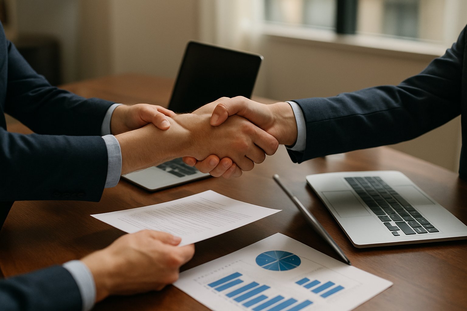 Handshake and document exchange symbolizing successful strategic investment partnership.