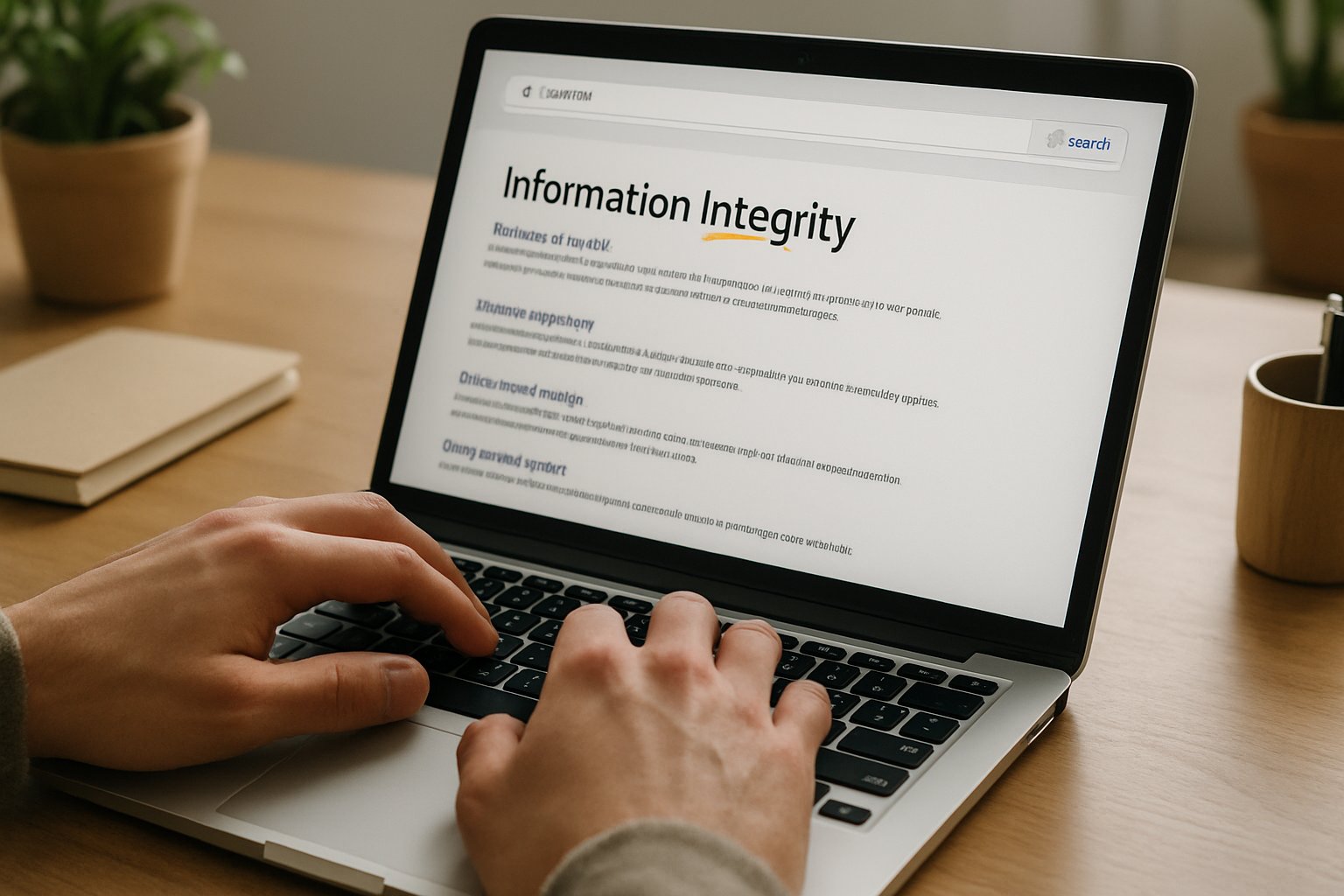 Hands using laptop to explore Information Integrity in search results.