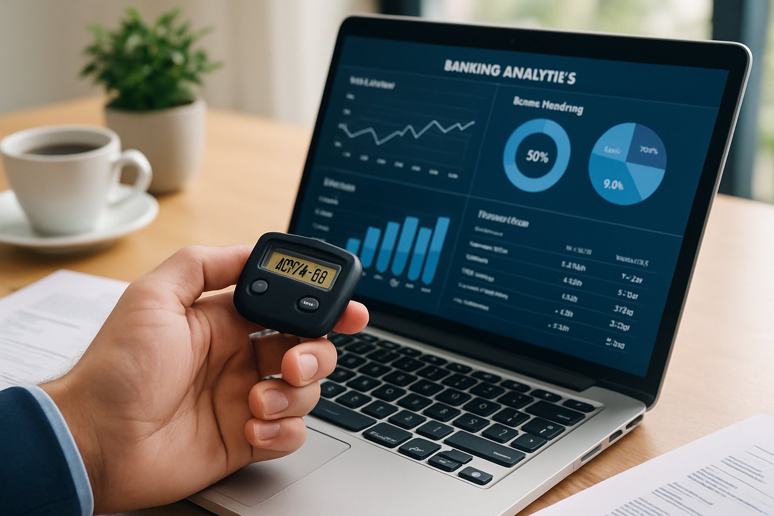 Professional using secure authentication while viewing Sector Maturity analytics on a laptop.