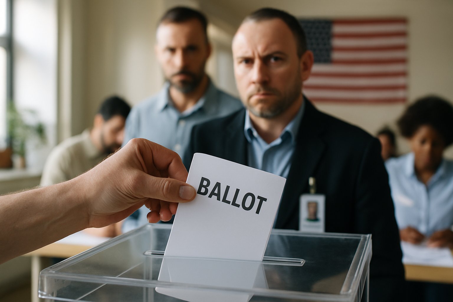 Voters and observers safeguard ballots against AI Election Deepfakes at polling station.