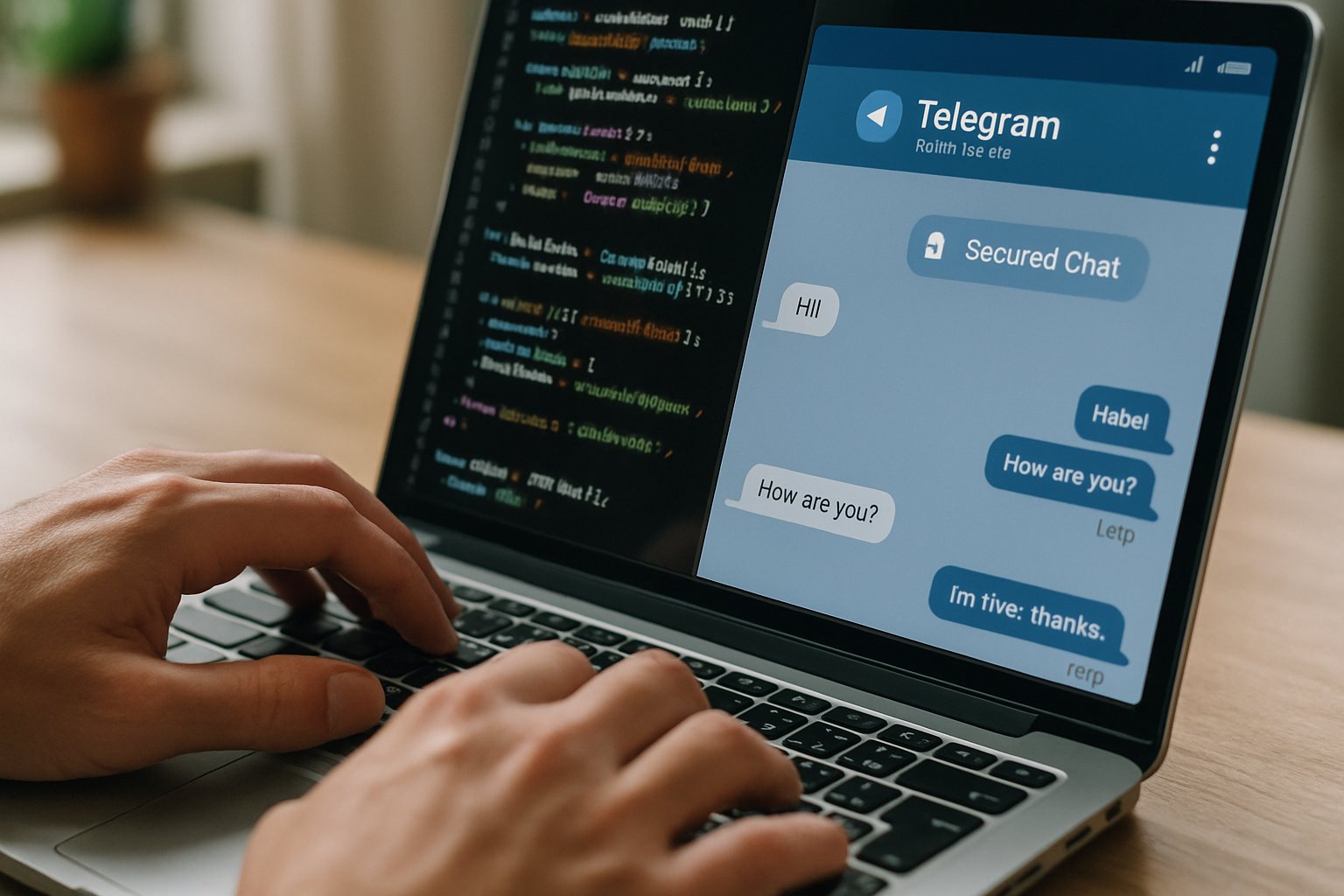 Realistic workspace showing Telegram and blockchain used for security