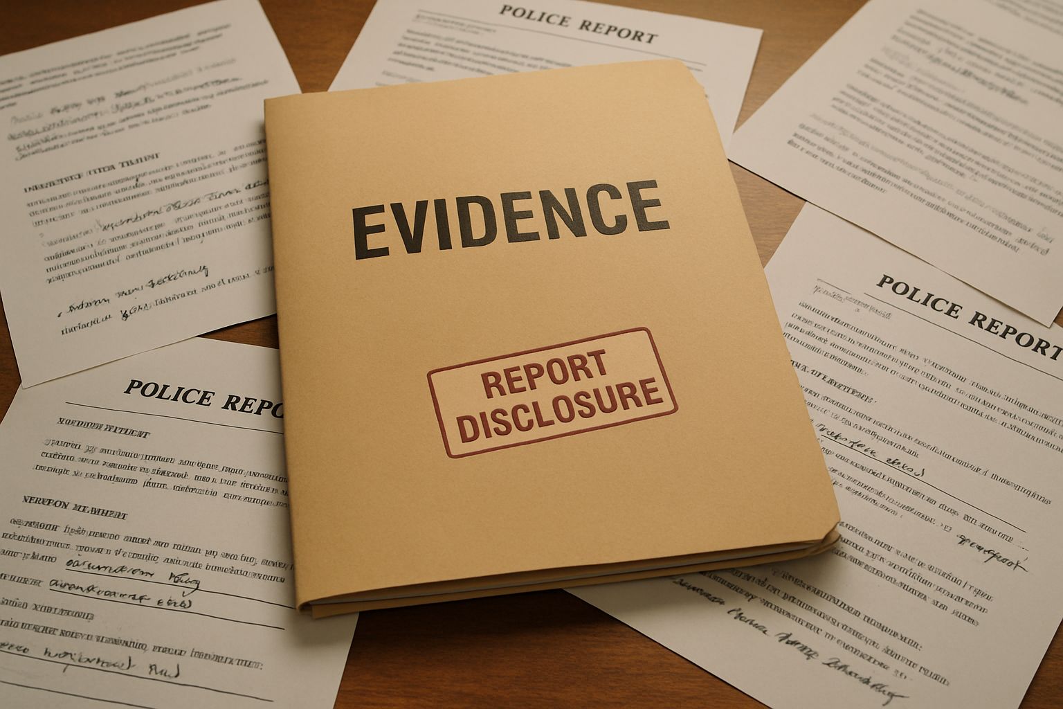 Multiple drafts of police report labeled with Report Disclosure for legal accuracy.