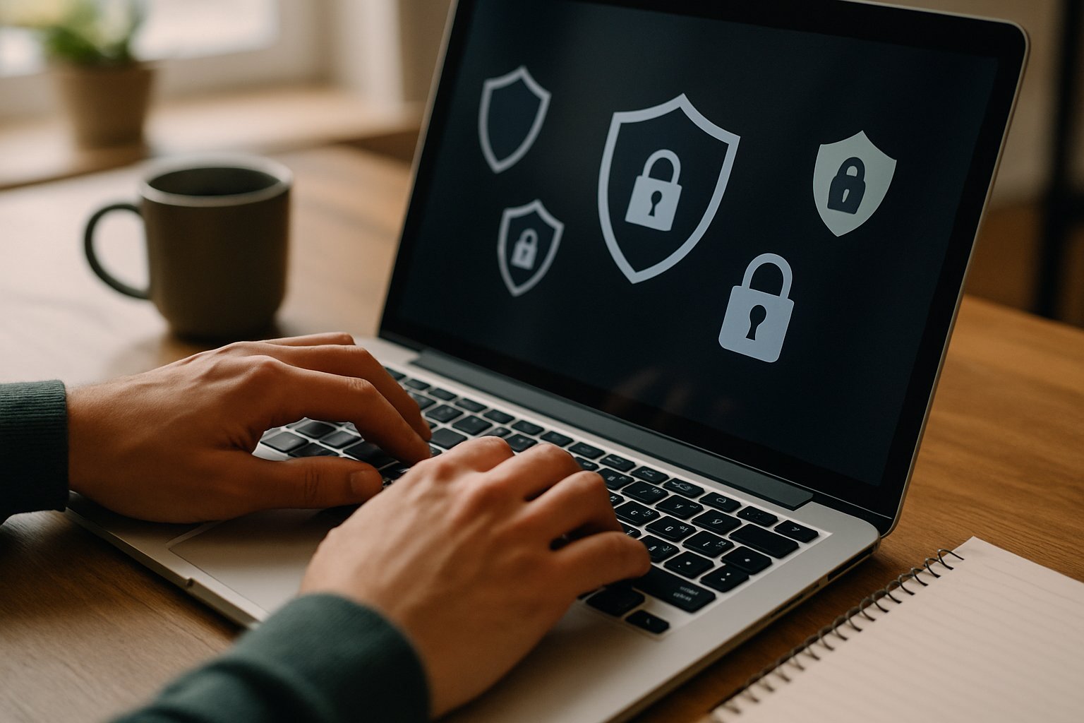 Hands working with AI Agents security measures on laptop.