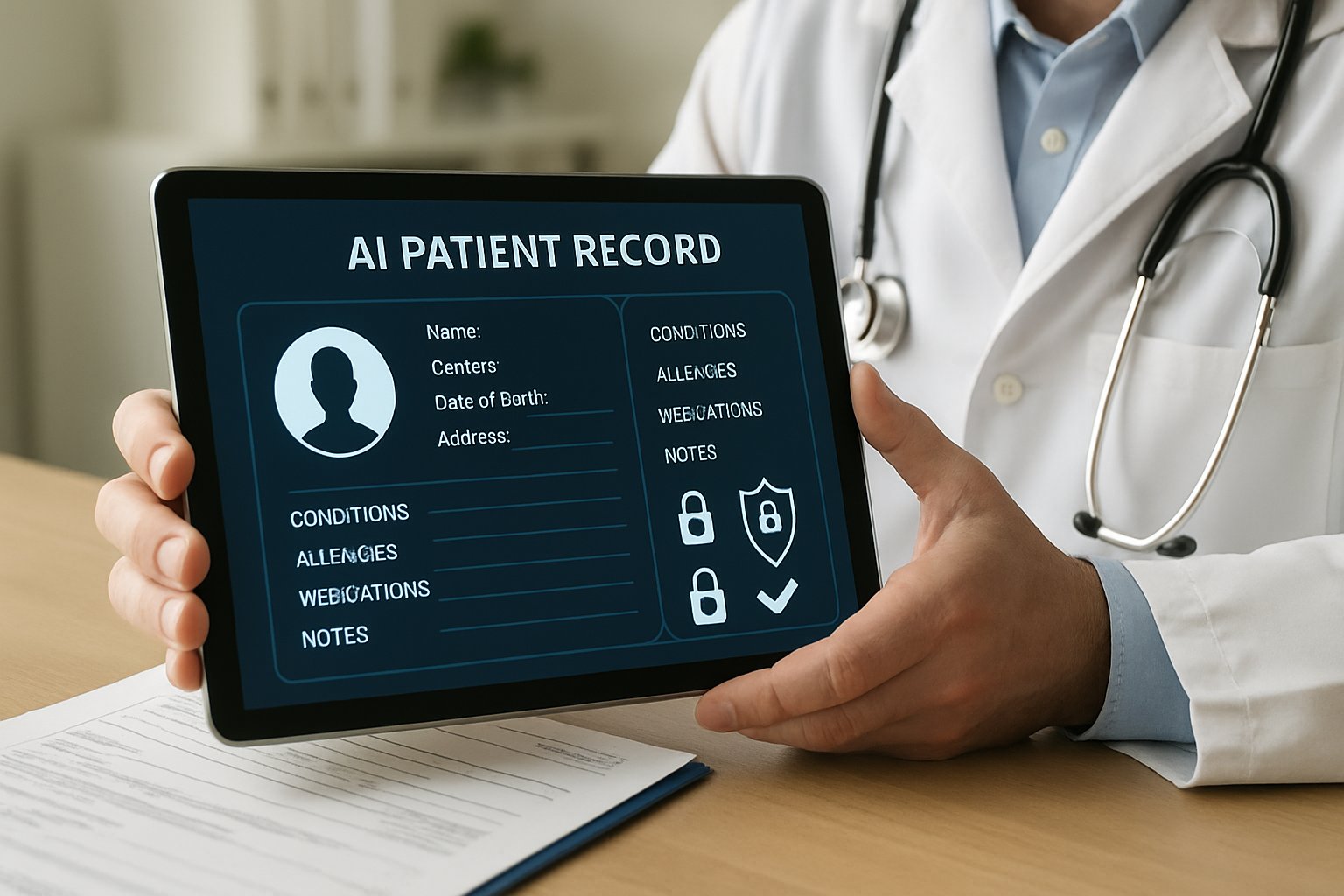 Doctor using secure AI Healthcare interface ensuring data protection compliance.