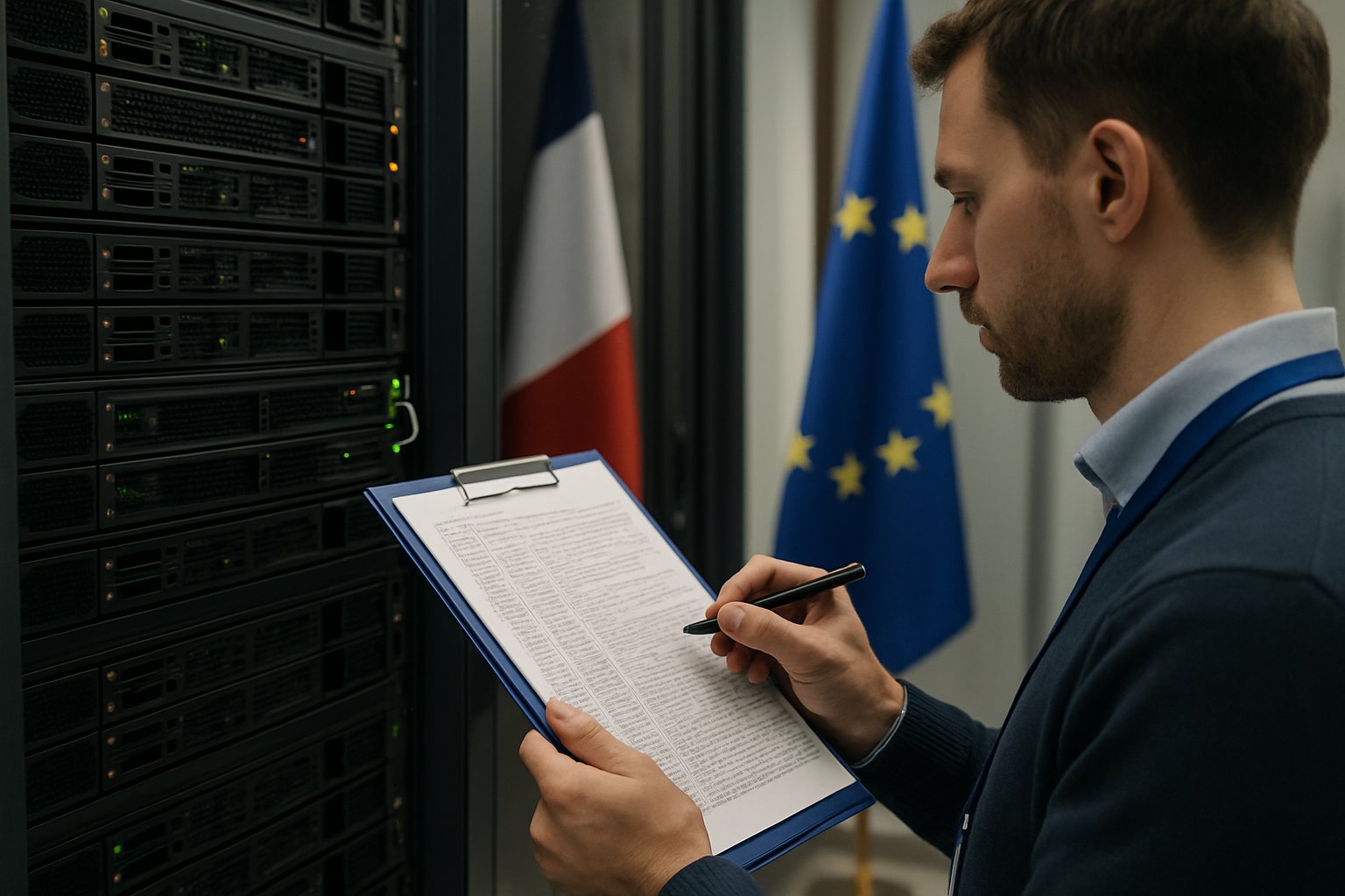 A secure server room highlights Data Privacy Network enforcement by French officials.