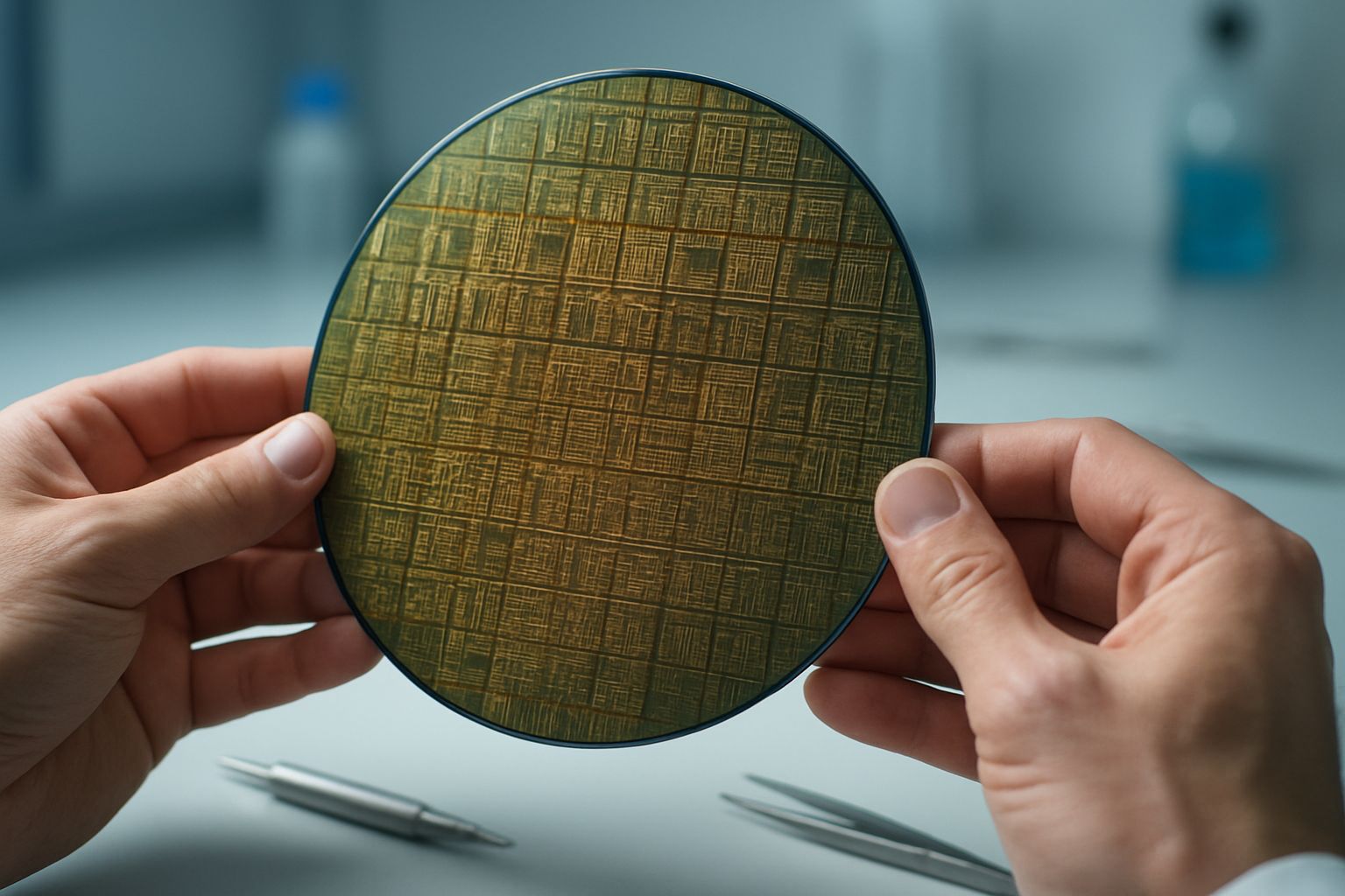 Close-up view of hands holding a semiconductor wafer, illustrating Semiconductor Design.