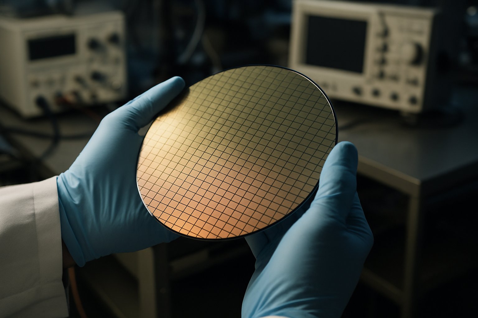 Semiconductors wafer being inspected by engineer in laboratory setting.