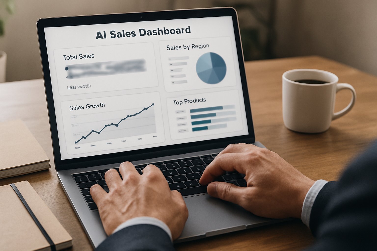 Businessperson using AI Sales dashboard with sensitive data visible.
