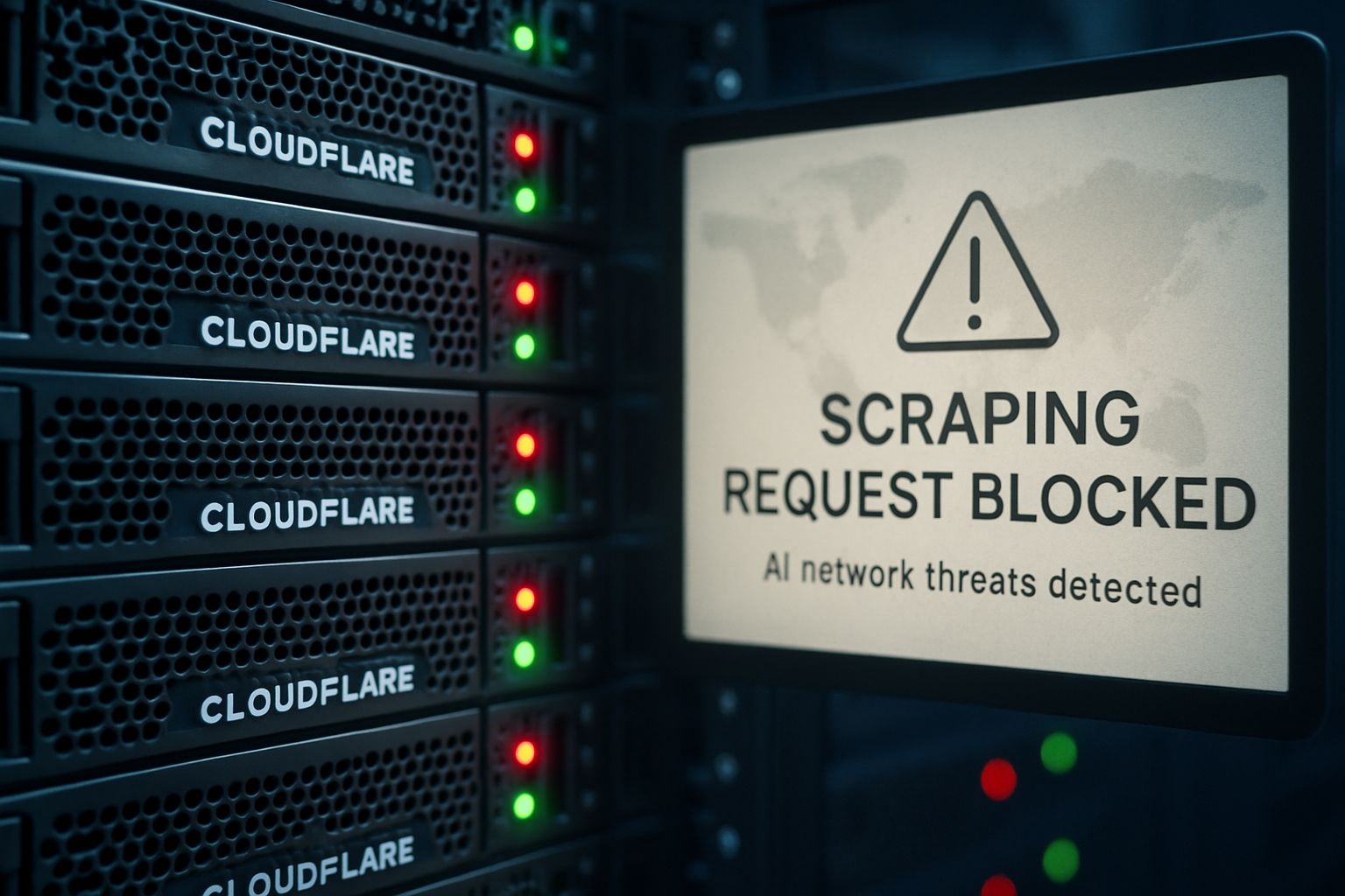 Server rack with Cloudflare hardware defending AI Network infrastructure.