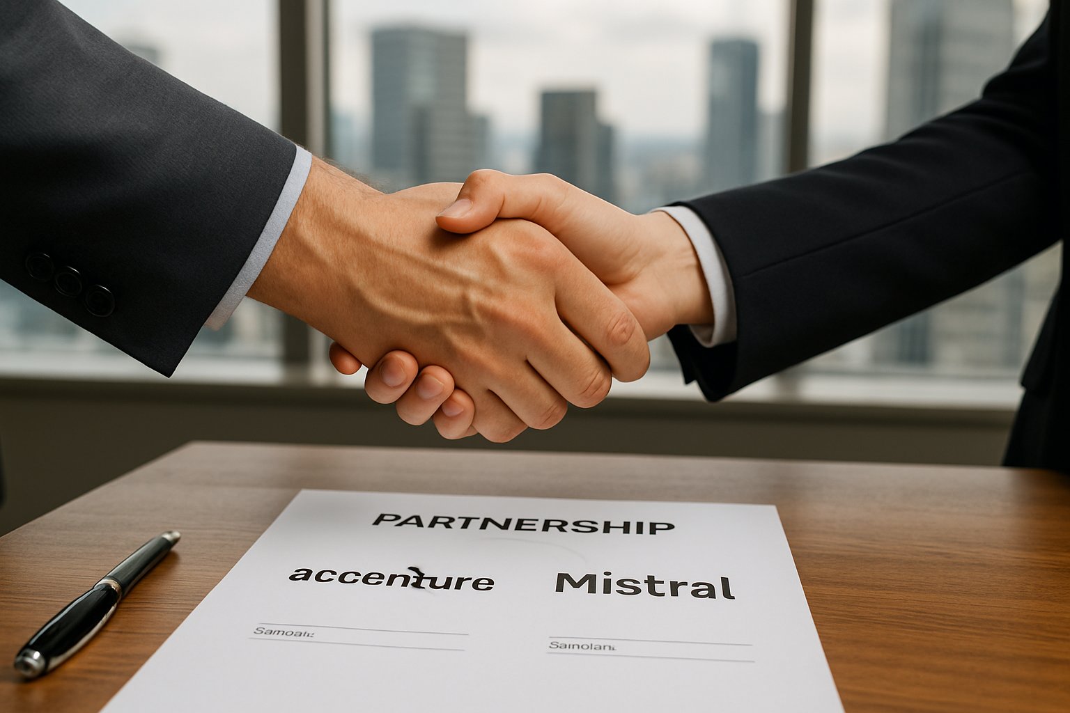 Enterprise AI Partnerships handshake between Accenture and Mistral with signed agreement.