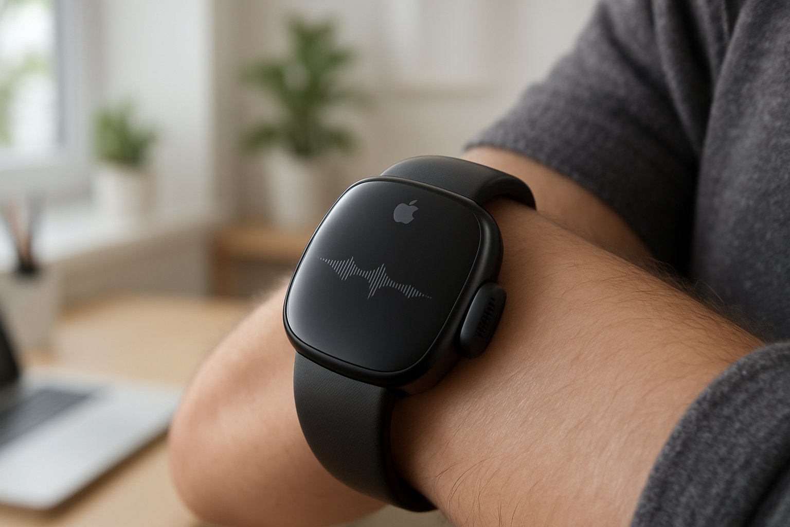 Apple wearable with silent-speech AI demonstrated on a user's wrist.