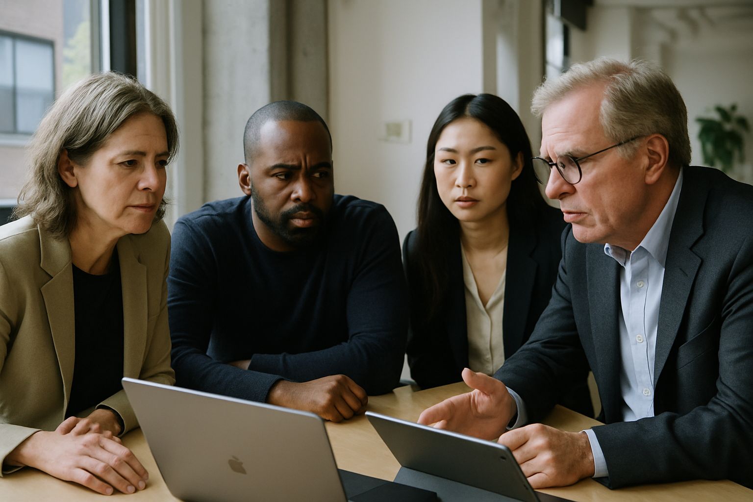 Diverse team discussing Gay Mafia Cover controversy in Silicon Valley office.
